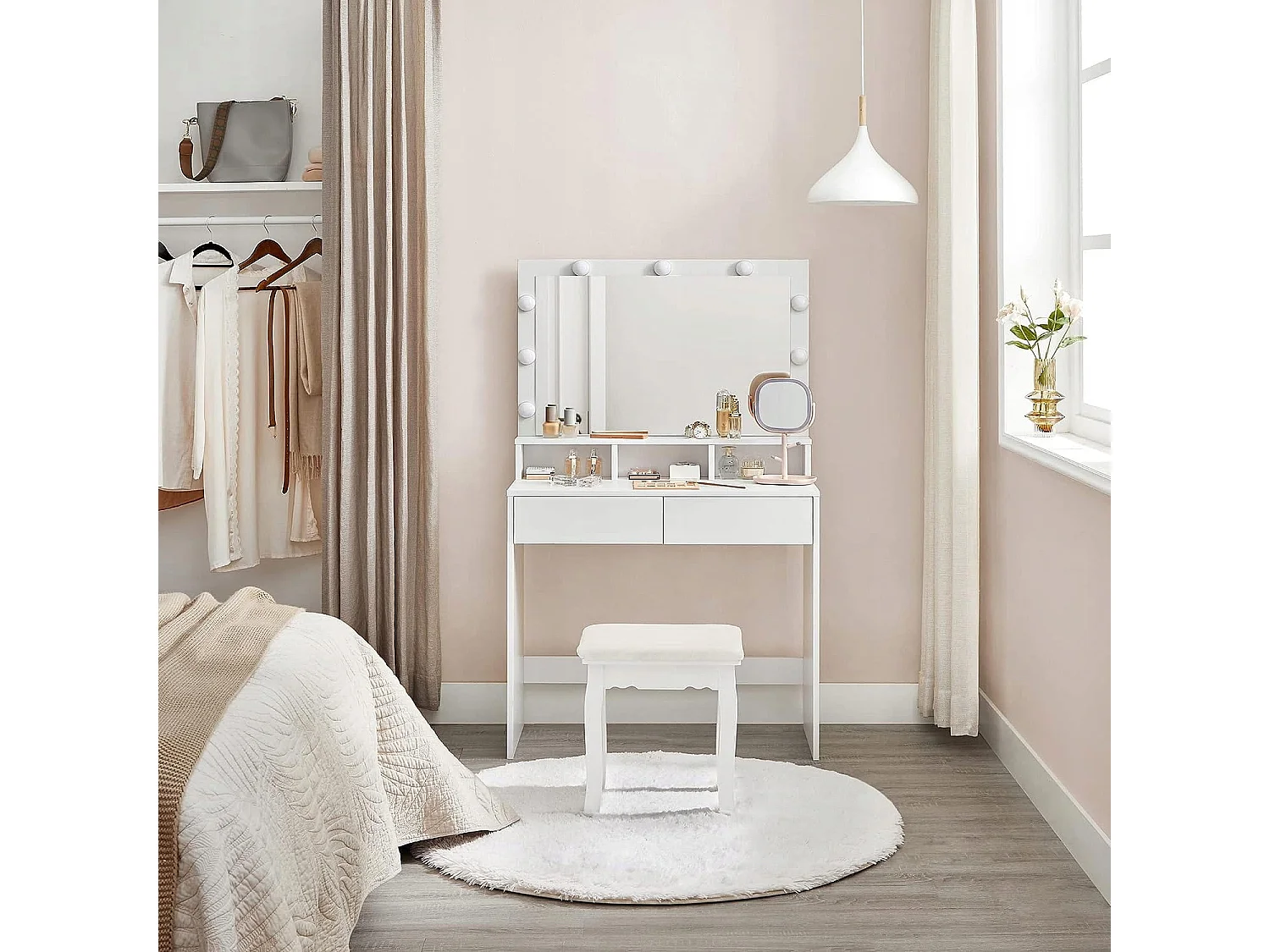 Coiffeuse Valora blanche avec miroir et éclairage LED | Style scandinave