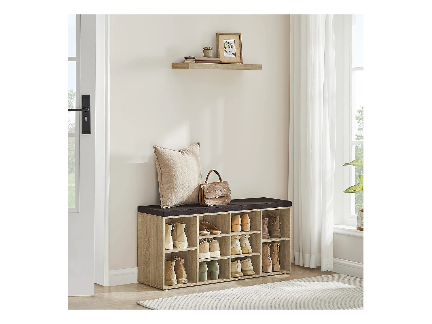 Zapatero Valora con asiento acolchado – Roble Sonoma y tela de lino marrón oscuro