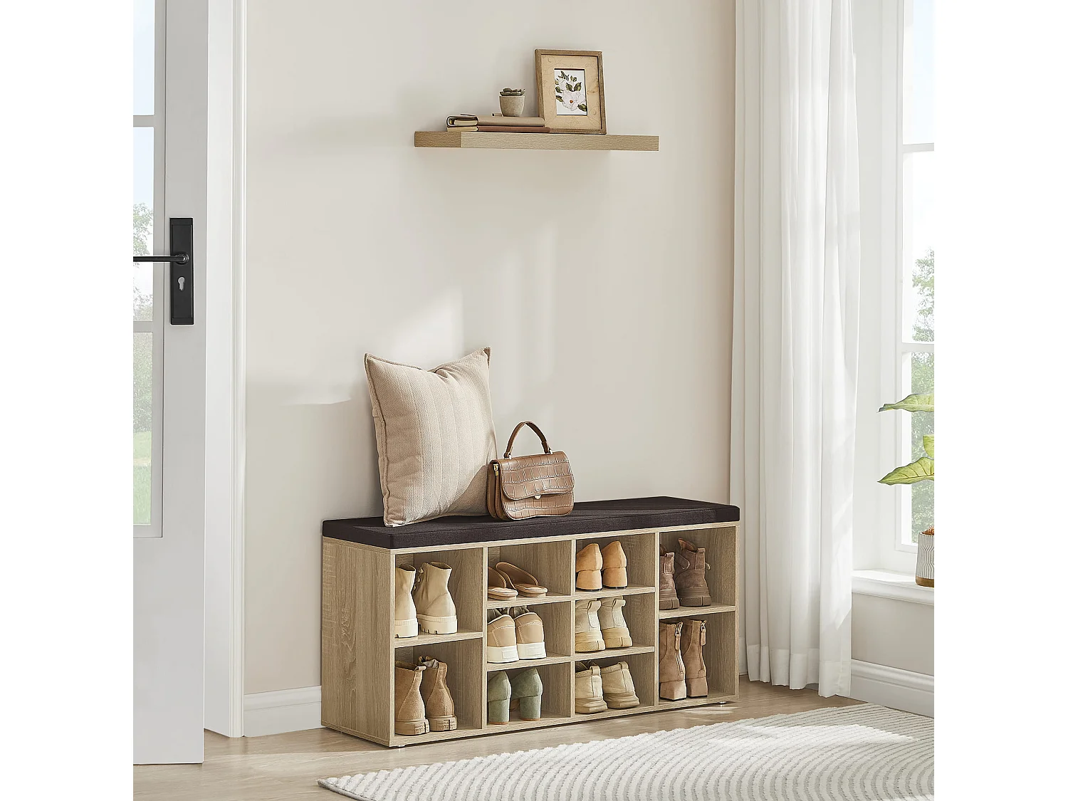 Meuble chaussures Valora avec assise – Chêne Sonoma et tissu marron foncé