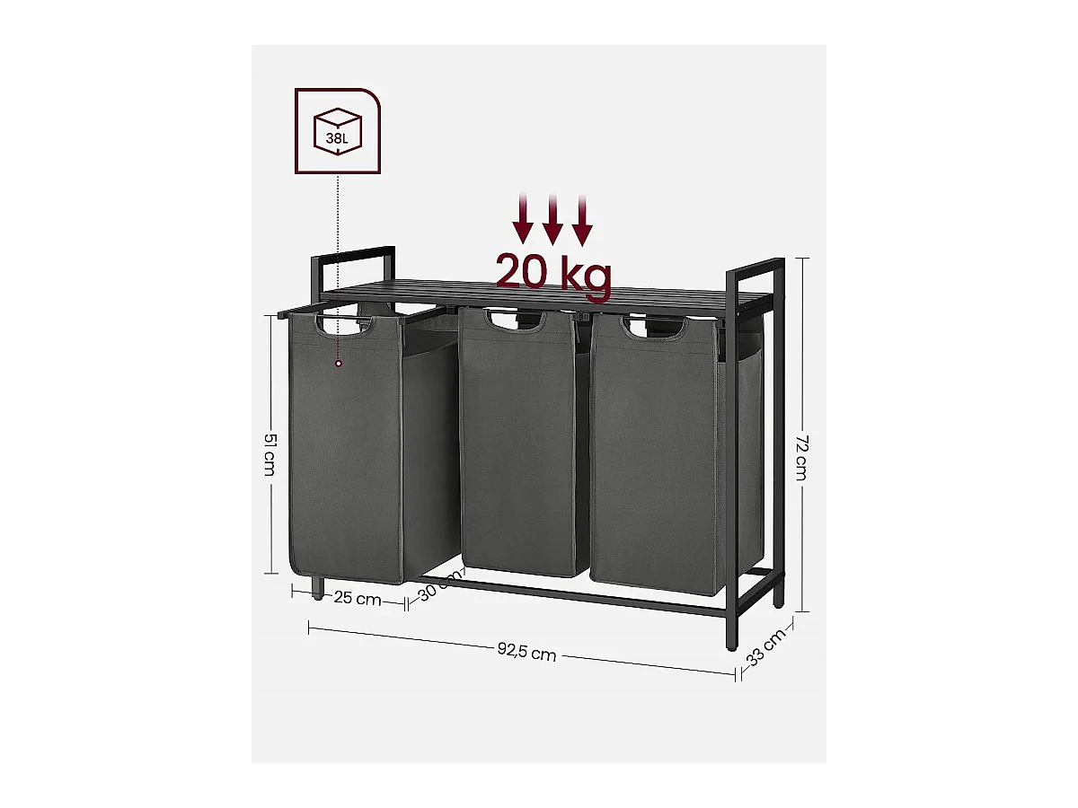Valora Panier à linge 3 x 38 L Gris et noir | Trois compartiments