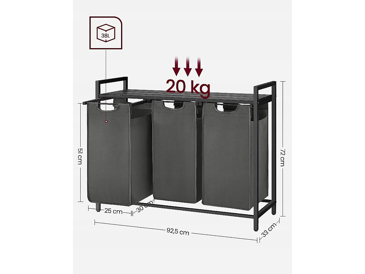 Valora Panier à linge 3 x 38 L Gris et noir | Trois compartiments