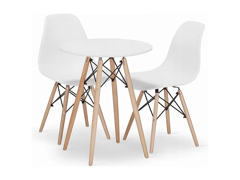 Valora KOVA Ø60 Weißer runder Esstisch mit Buchenbeinen + 2 OSAKA-Stühlen