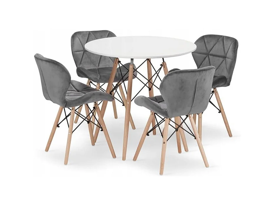 Valora Esszimmerset | KOVA 80 cm weißer runder Tisch + 4 WAKO graue Stühle