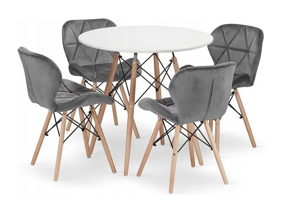 Ensemble Valora – Table ronde blanche KOVA Ø80 + 4 chaises grises WAKO