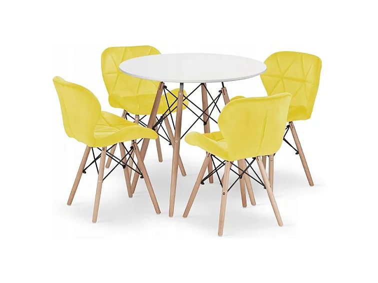 Valora Esszimmerset | KOVA 80 cm weißer runder Tisch + 4 WAKO gelbe Stühle