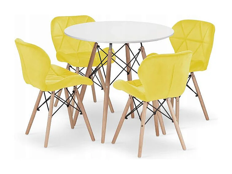 Valora Eettafelset | KOVA 80cm Witte Ronde Tafel + 4 WAKO Gele Stoelen