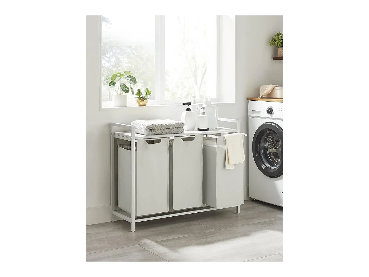 Panier à linge Valora blanc à 3 compartiments avec plateau en MDF style loft