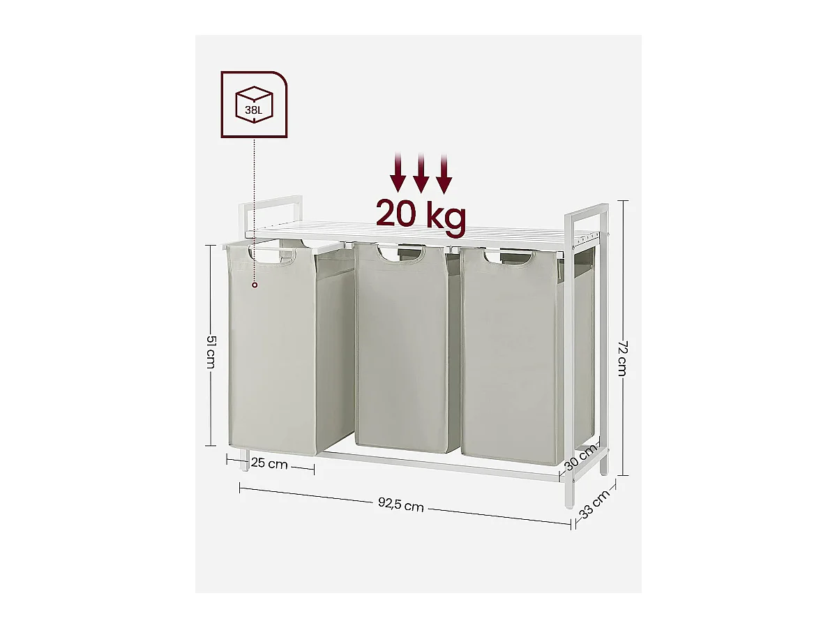 Panier à linge Valora blanc à 3 compartiments avec plateau en MDF style loft