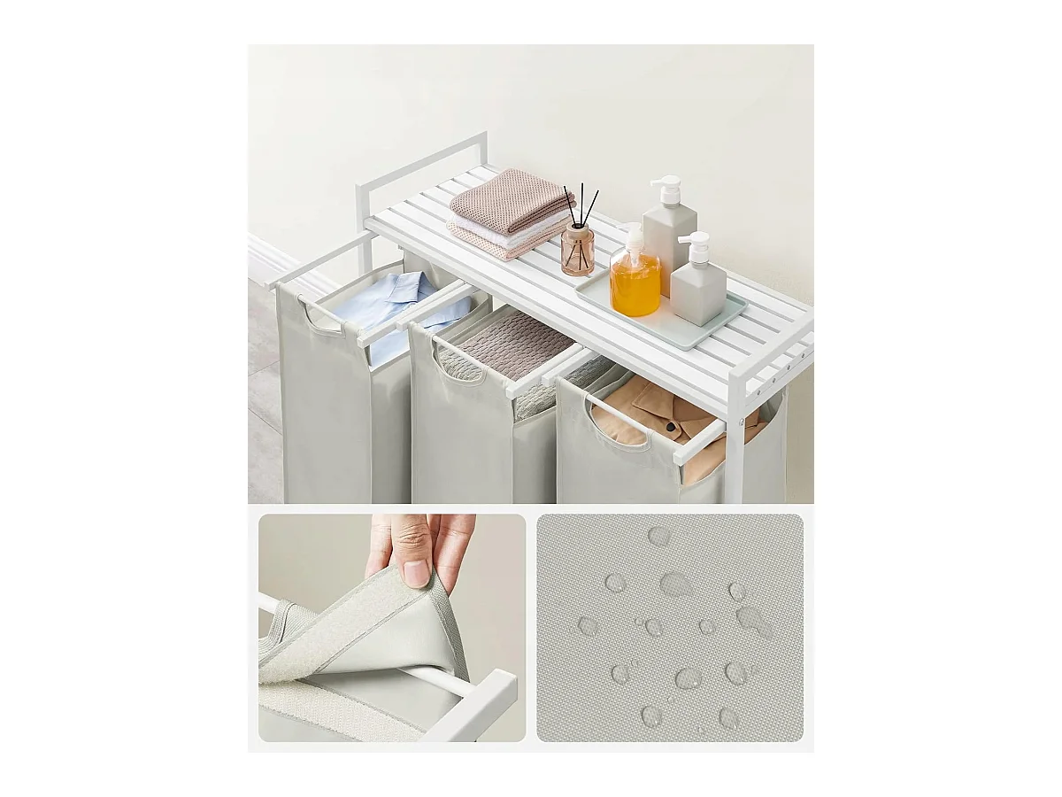 Panier à linge Valora blanc à 3 compartiments avec plateau en MDF style loft