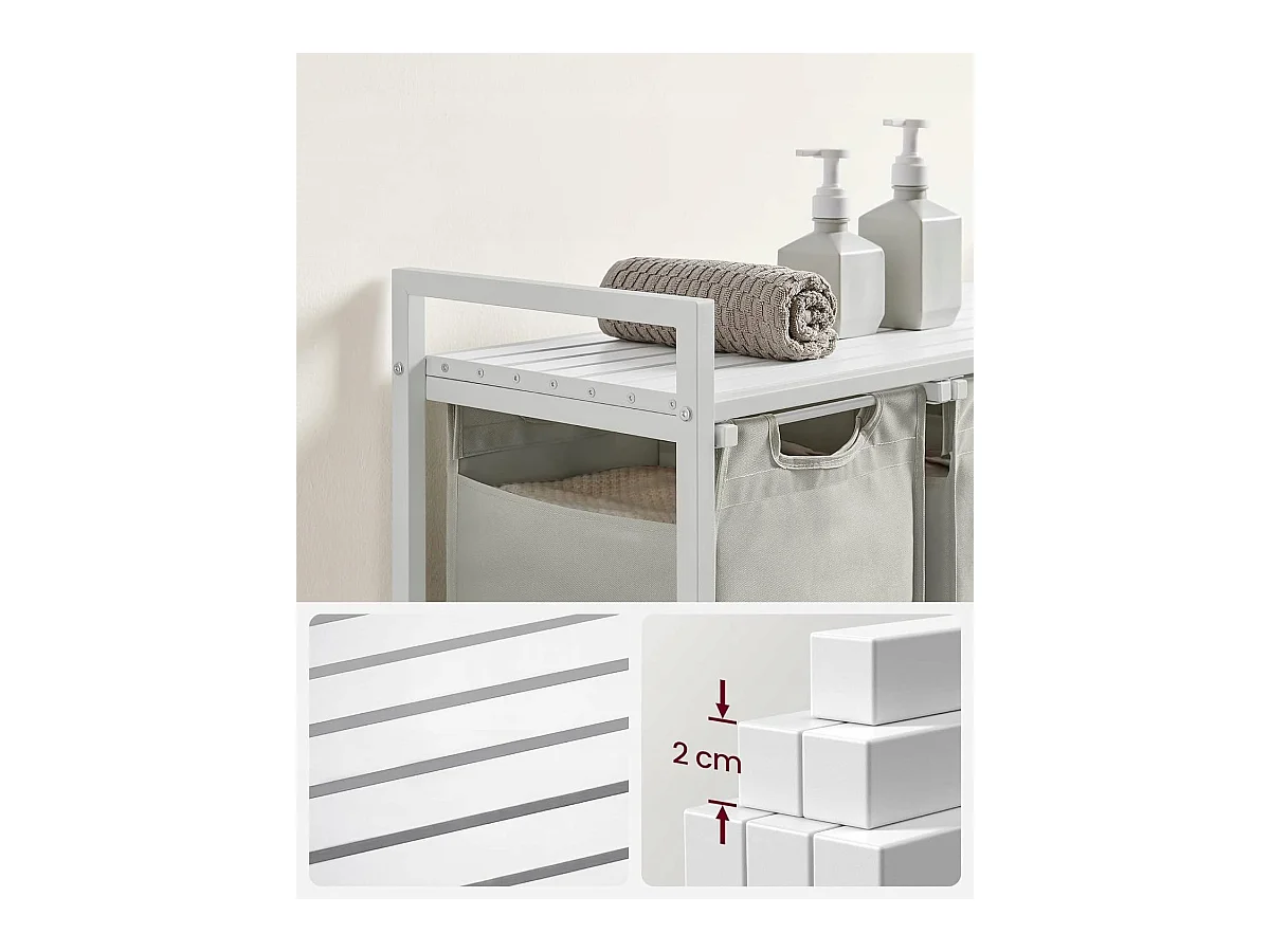 Panier à linge Valora blanc à 3 compartiments avec plateau en MDF style loft