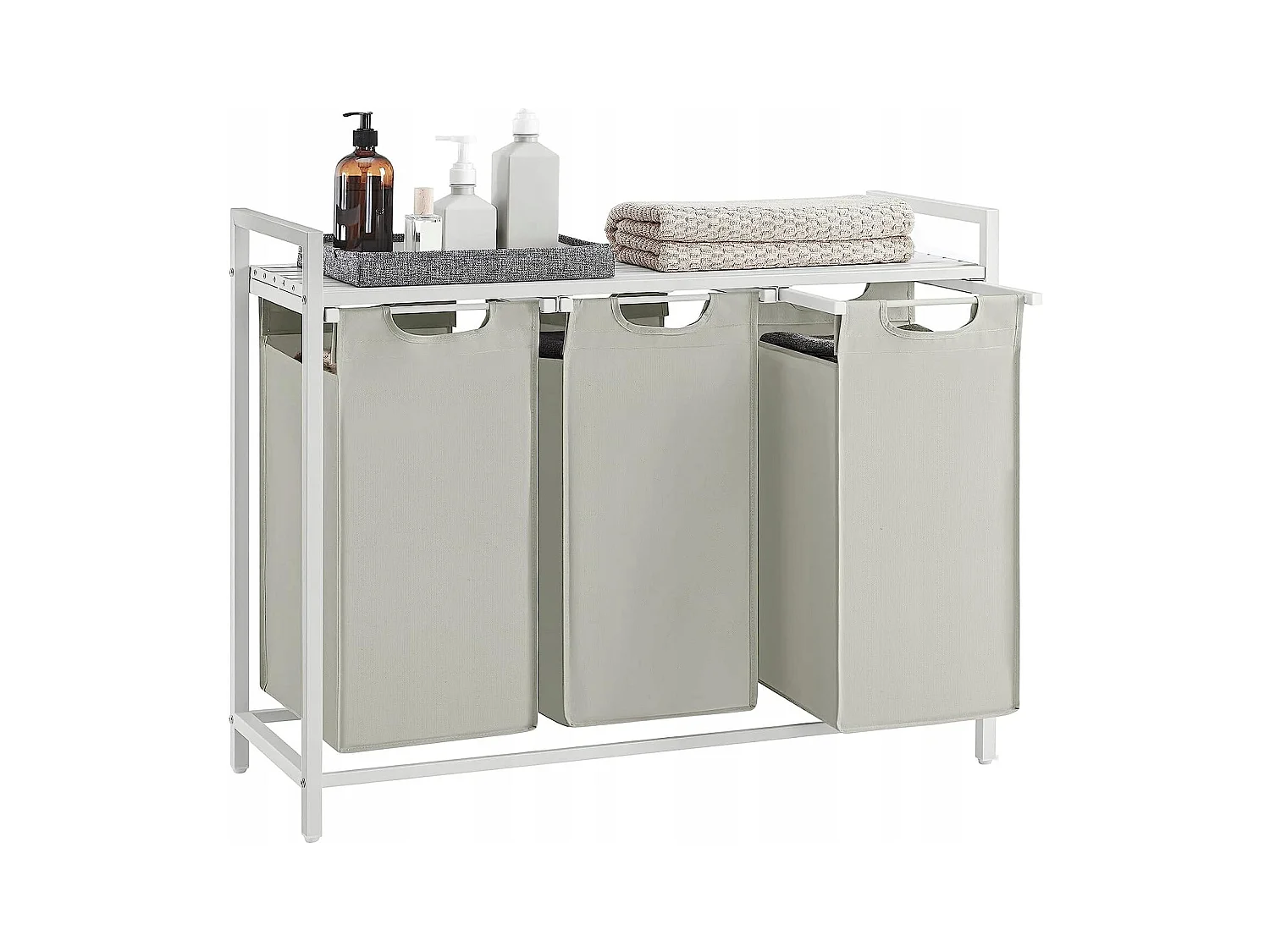 Panier à linge Valora blanc à 3 compartiments avec plateau en MDF style loft