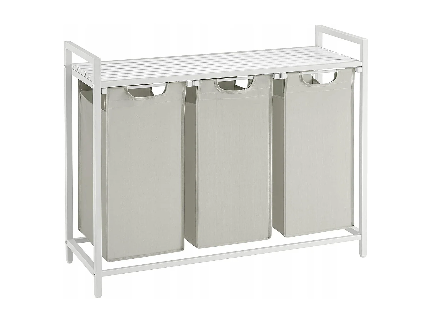 Panier à linge Valora blanc à 3 compartiments avec plateau en MDF style loft