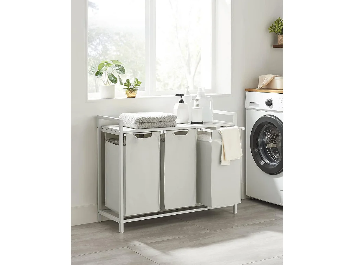 Panier à linge Valora blanc à 3 compartiments avec plateau en MDF style loft