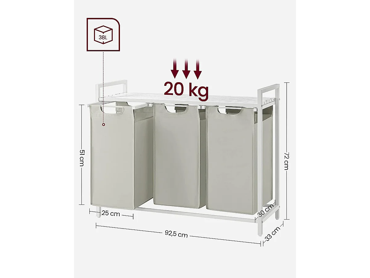 Panier à linge Valora blanc à 3 compartiments avec plateau en MDF style loft