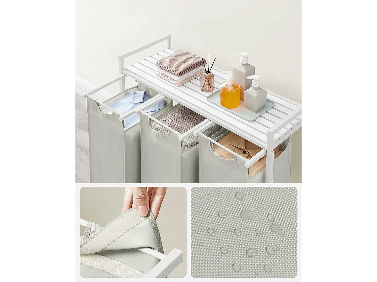 Panier à linge Valora blanc à 3 compartiments avec plateau en MDF style loft