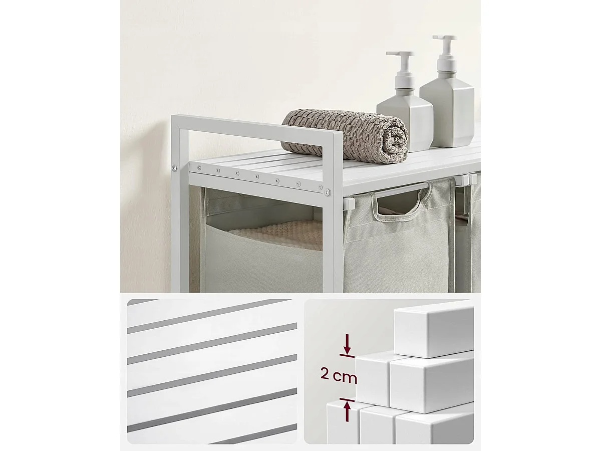 Panier à linge Valora blanc à 3 compartiments avec plateau en MDF style loft