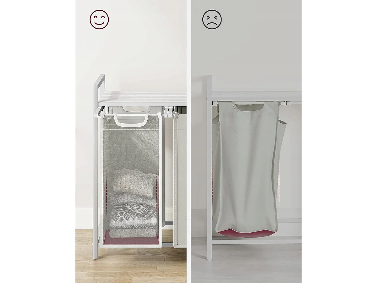 Panier à linge Valora blanc à 3 compartiments avec plateau en MDF style loft