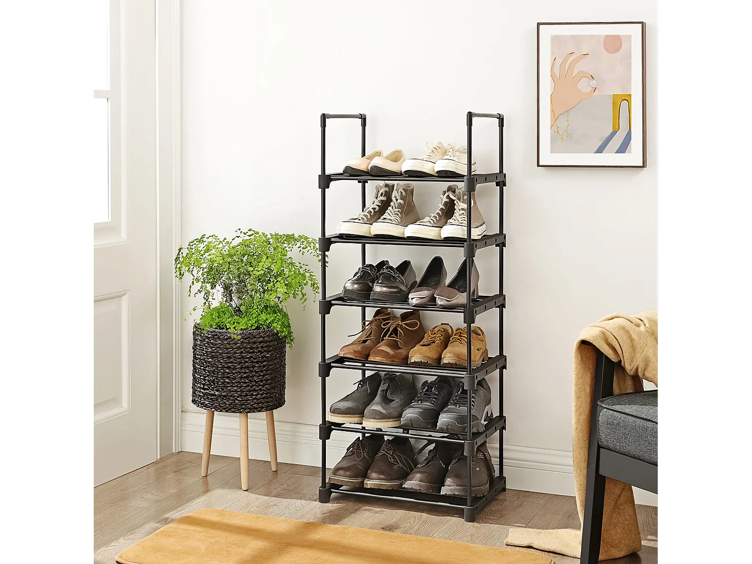 Étagère chaussures Valora en métal noir loft 6 niveaux durable et moderne