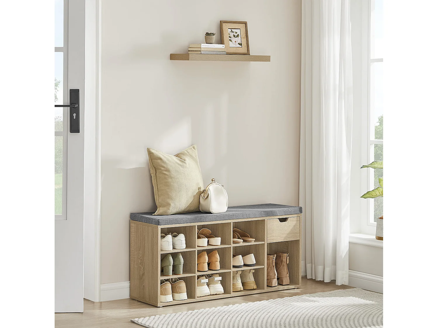 Valora Schuhschrank mit Sitz und Schublade – Sonoma Eiche Grau Leinen