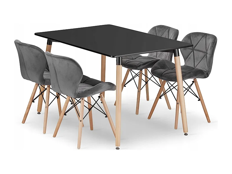 Valora YURO Rechteckiger Tisch 120x80 Schwarz + 4 WAKO Graue Stühle