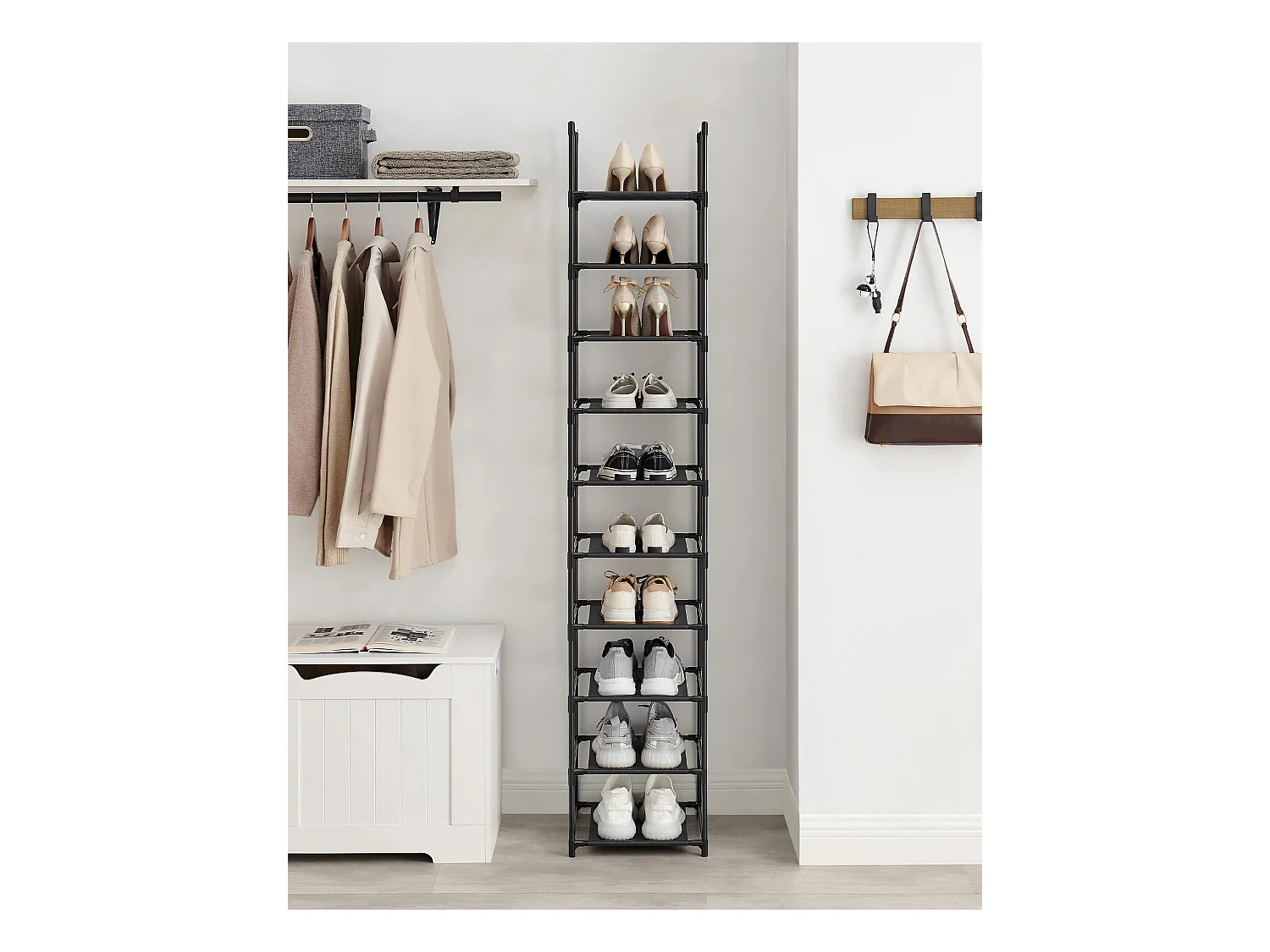 Valora Zwarte Loft-stijl schoenenrek met 10 planken voor gangen en lobby's