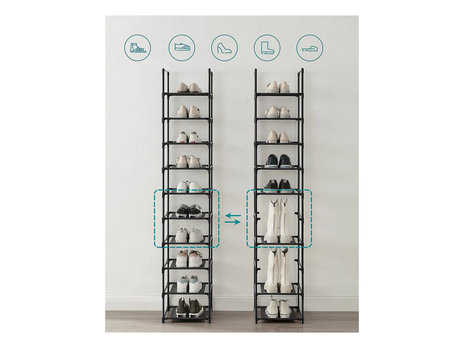 Valora Zwarte Loft-stijl schoenenrek met 10 planken voor gangen en lobby's