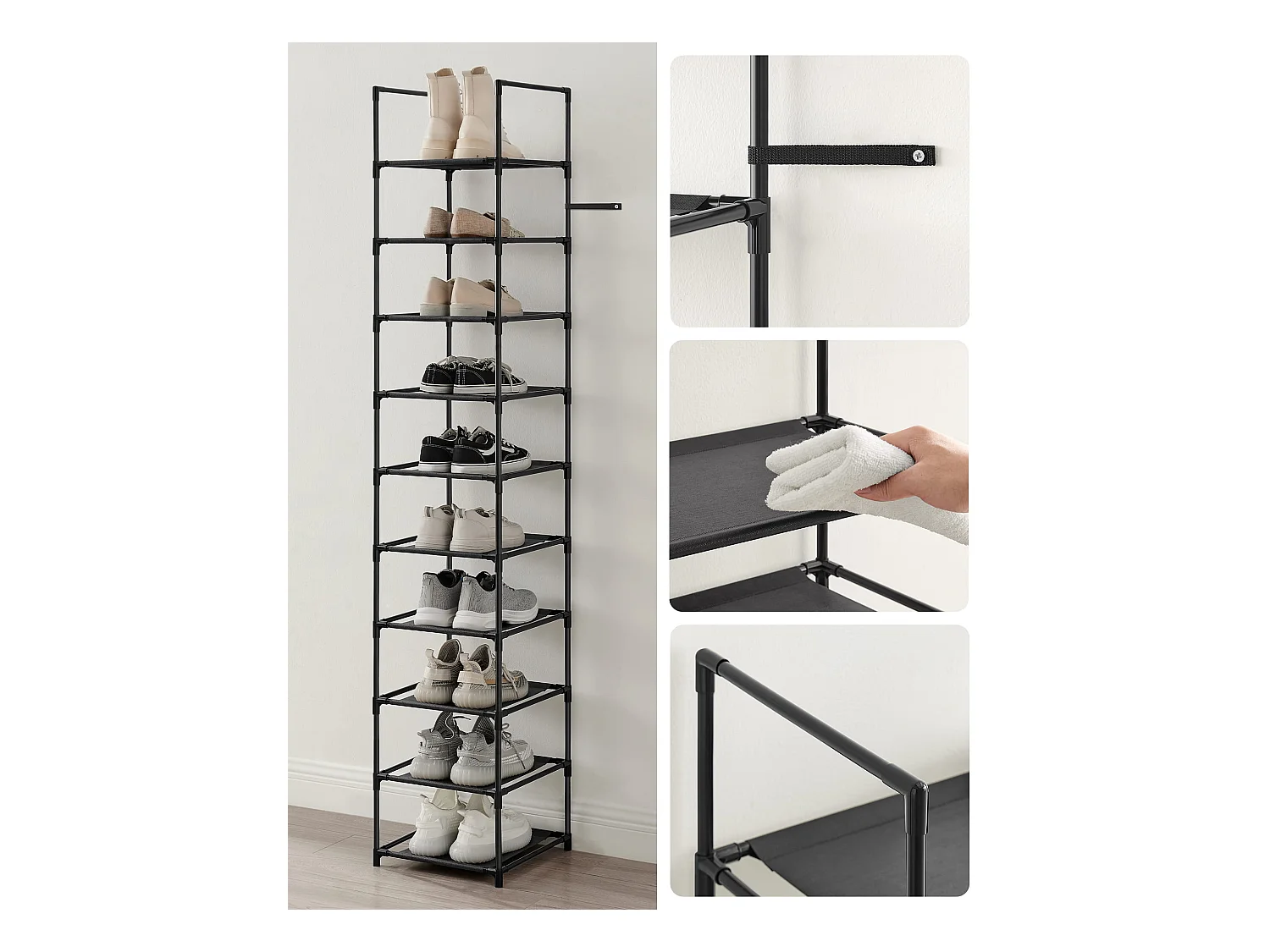 Valora Zwarte Loft-stijl schoenenrek met 10 planken voor gangen en lobby's