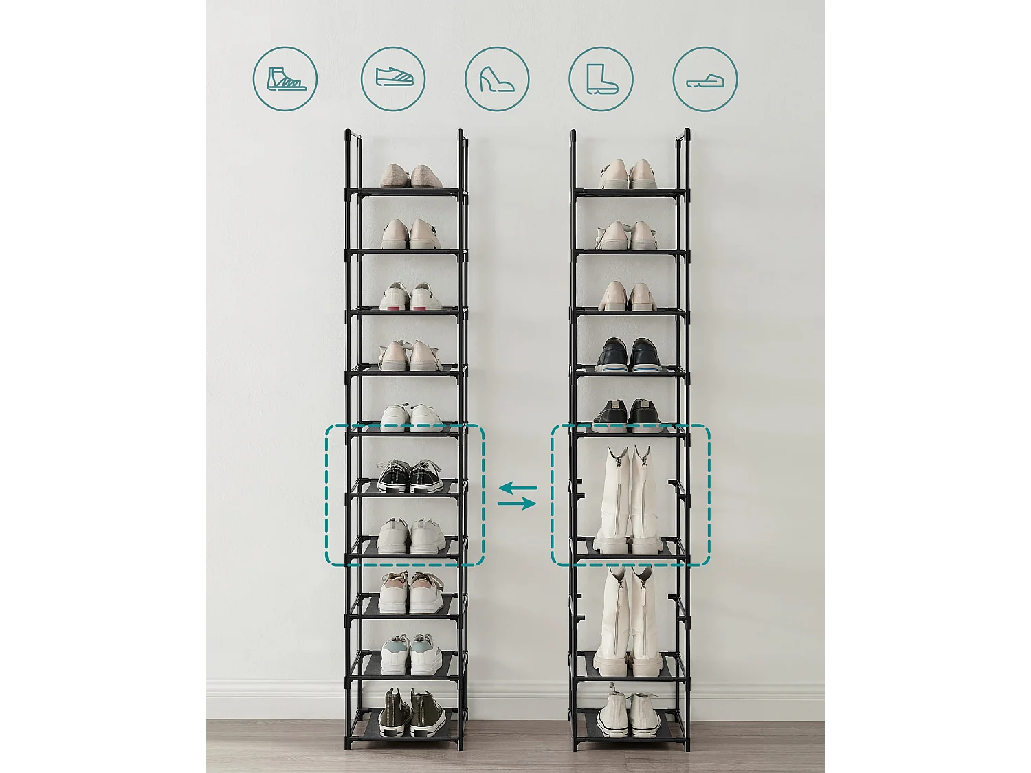 Étagère chaussures Valora noire loft 10 niveaux pour couloir et entrée