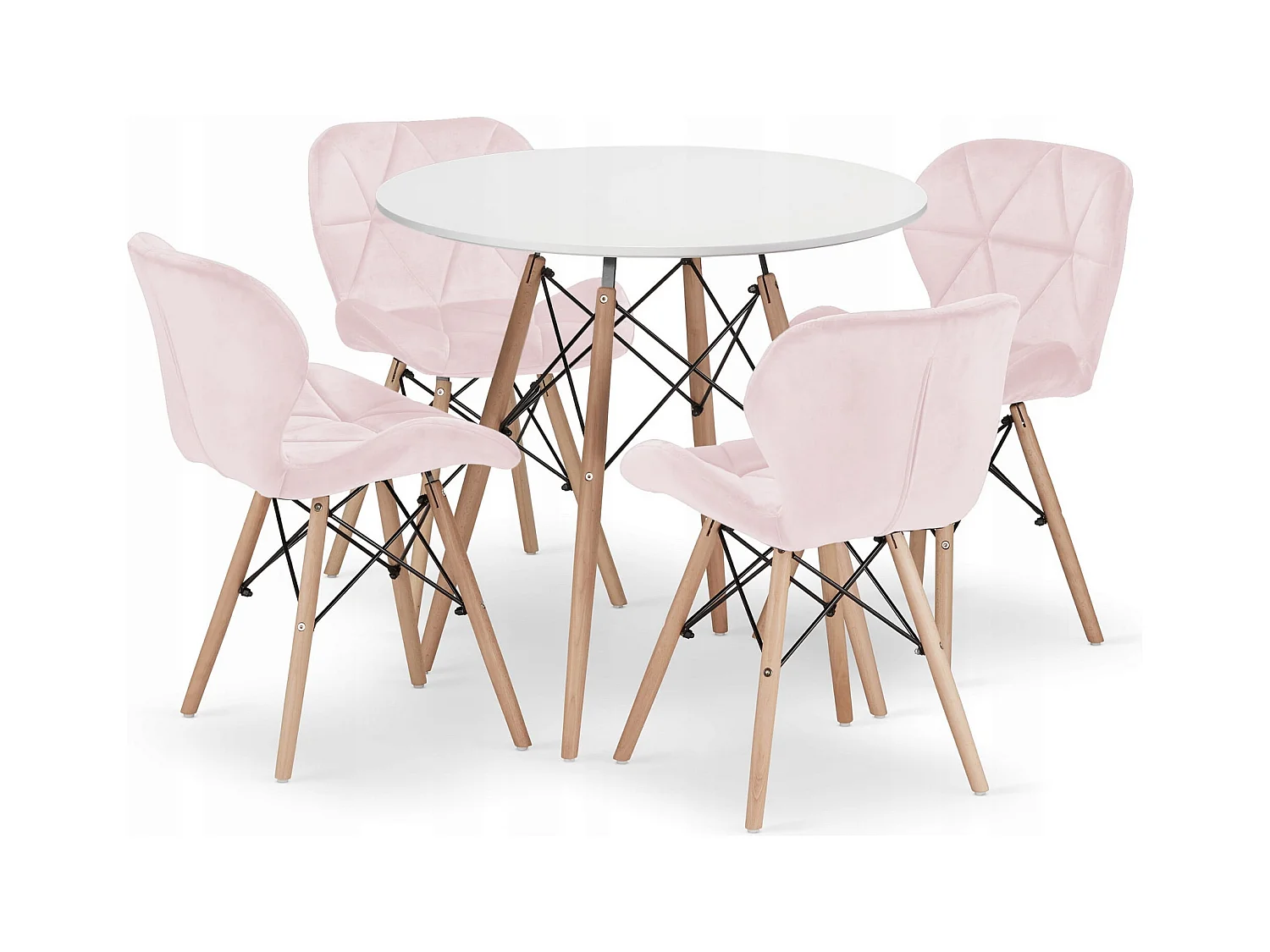 Valora Esszimmerset | KOVA 80 cm weißer runder Tisch + 4 WAKO rosa Stühle