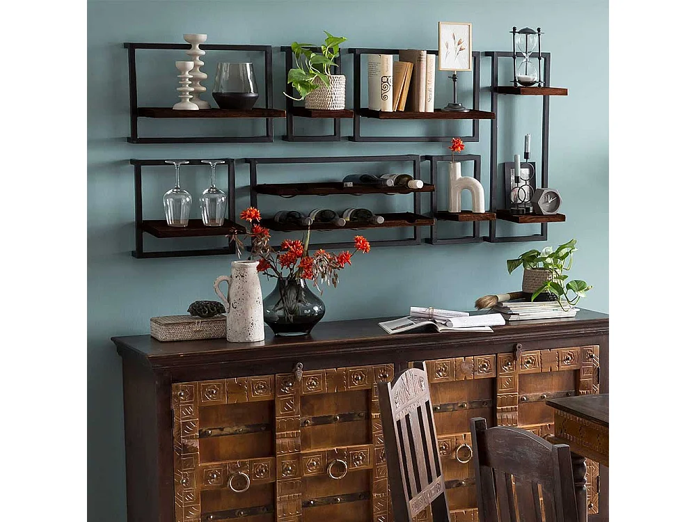 Recyclingholz Hängeregal in Schwarz und Teak antik Kolonialstil