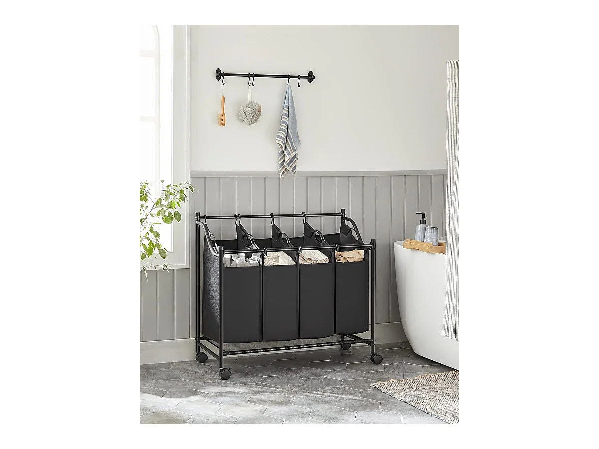 Panier à linge Valora noir à 4 compartiments avec roulettes 140 L