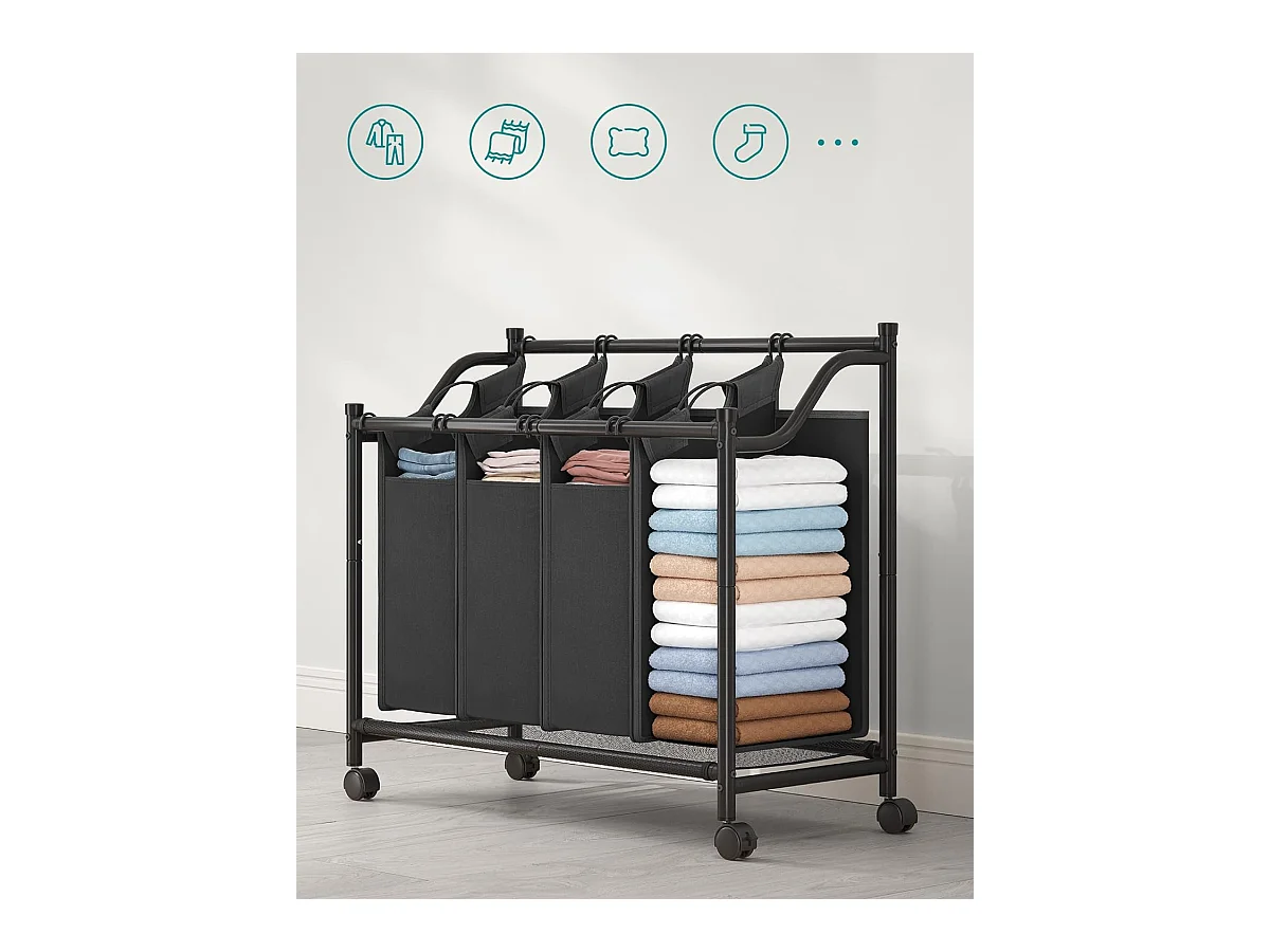 Panier à linge Valora noir à 4 compartiments avec roulettes 140 L