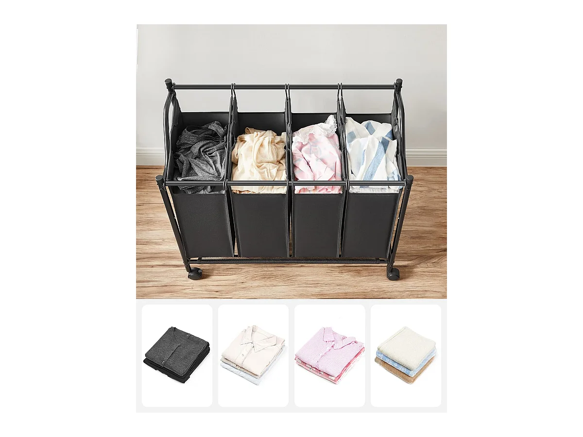 Panier à linge Valora noir à 4 compartiments avec roulettes 140 L