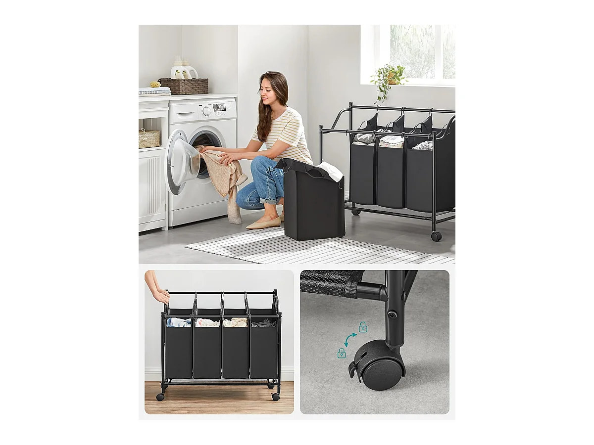 Panier à linge Valora noir à 4 compartiments avec roulettes 140 L