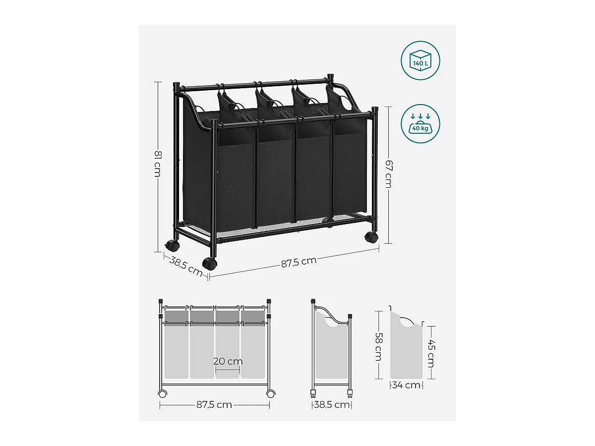 Panier à linge Valora noir à 4 compartiments avec roulettes 140 L