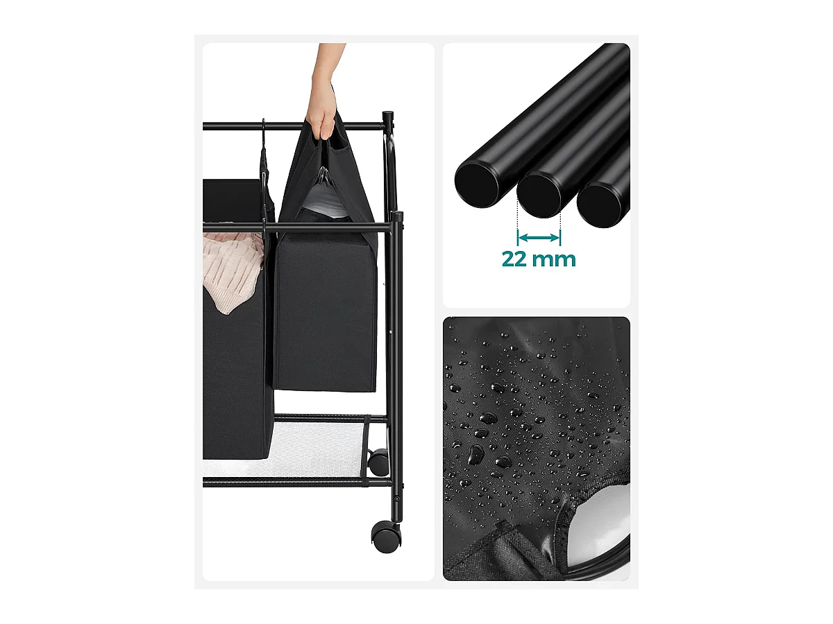 Panier à linge Valora noir à 4 compartiments avec roulettes 140 L