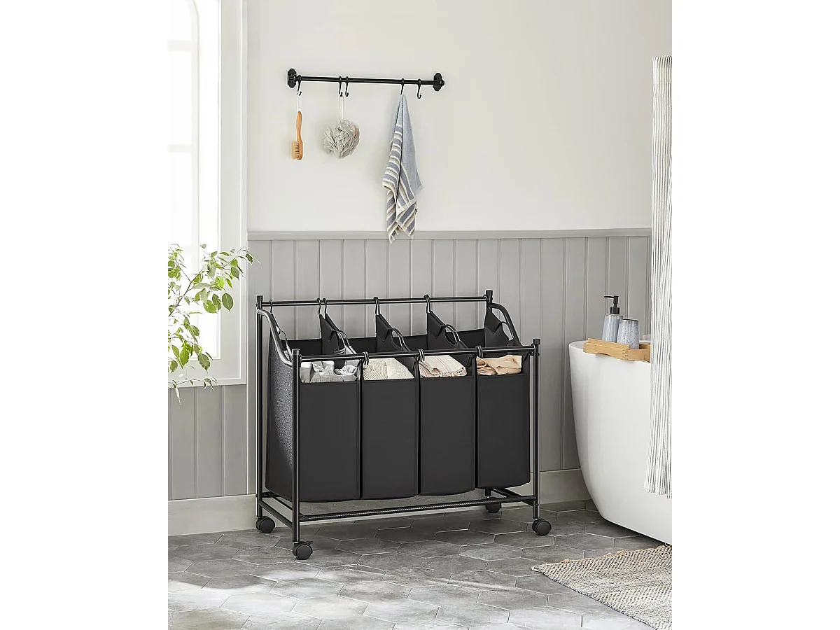 Panier à linge Valora noir à 4 compartiments avec roulettes 140 L