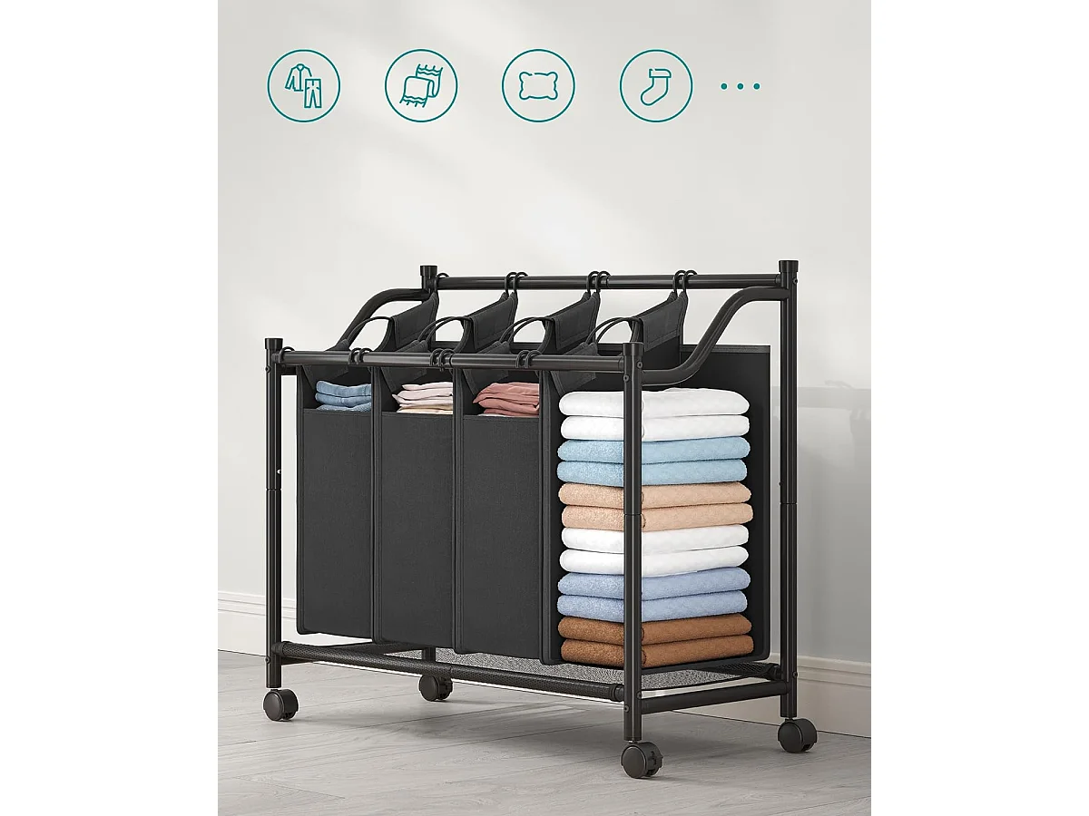 Panier à linge Valora noir à 4 compartiments avec roulettes 140 L