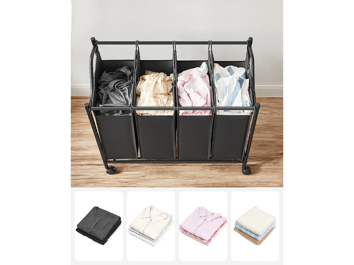 Panier à linge Valora noir à 4 compartiments avec roulettes 140 L