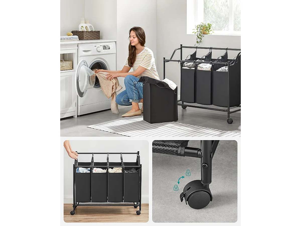 Panier à linge Valora noir à 4 compartiments avec roulettes 140 L
