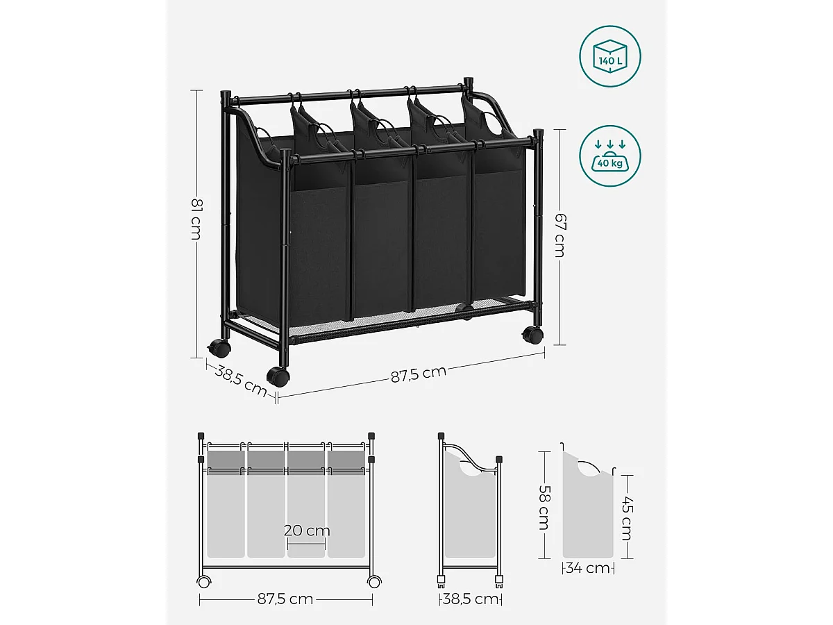 Panier à linge Valora noir à 4 compartiments avec roulettes 140 L