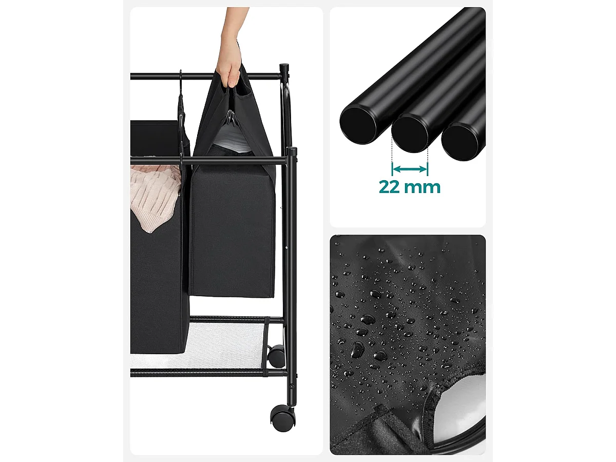 Panier à linge Valora noir à 4 compartiments avec roulettes 140 L