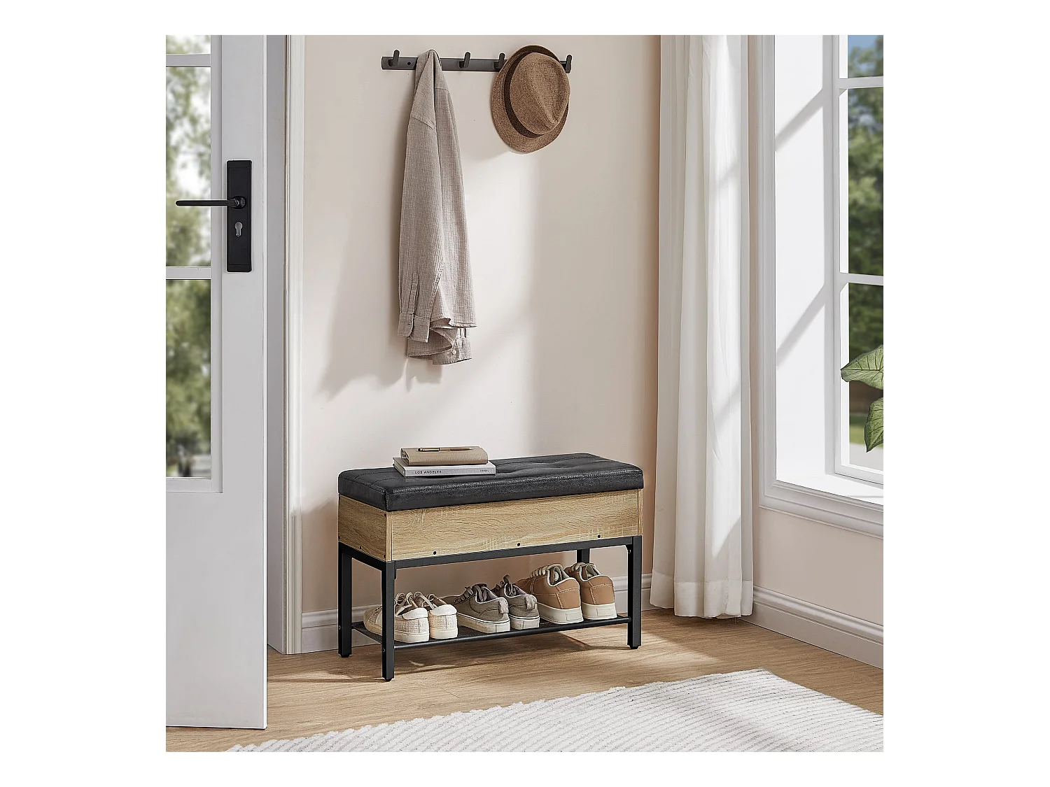 Meuble à chaussures Valora avec assise moelleuse – Chêne Sonoma avec cadre noir