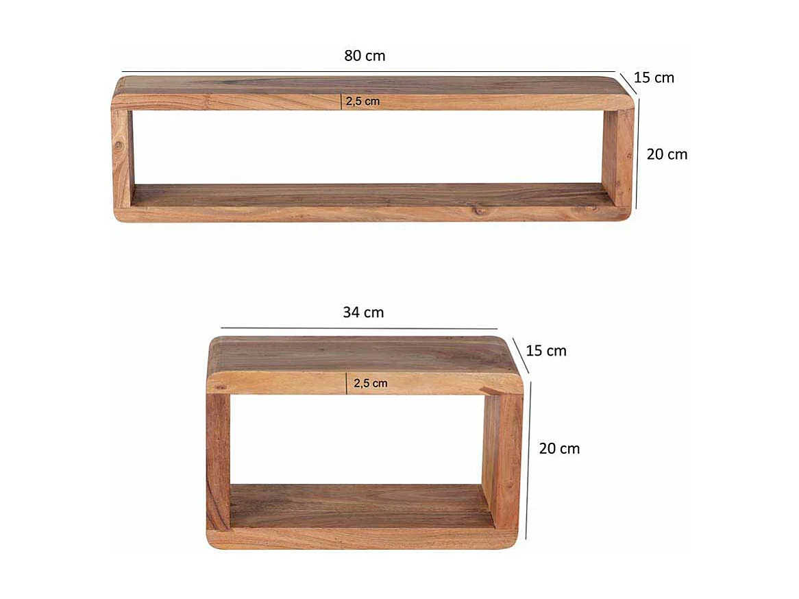 Hängeregal Set aus Akazie Massivholz abgerundet (dreiteilig)