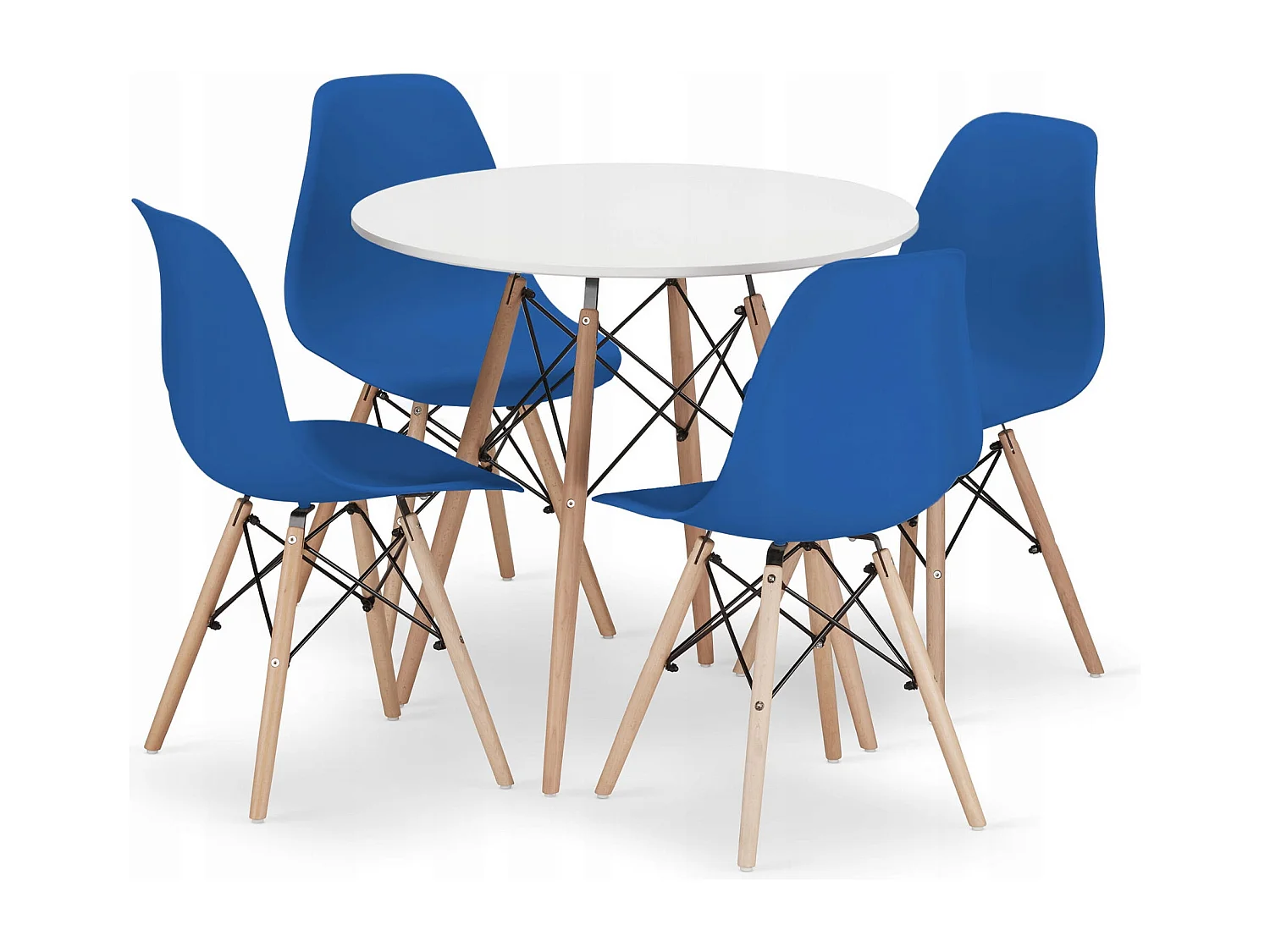 Table ronde Valora KOVA Ø80 blanche + 4 chaises OSAKA bleues