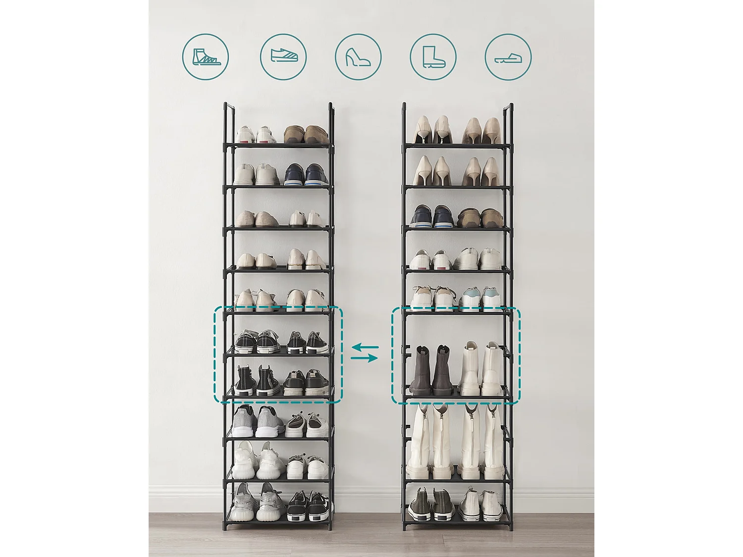 Étagère à chaussures Valora noire de style loft à 10 niveaux