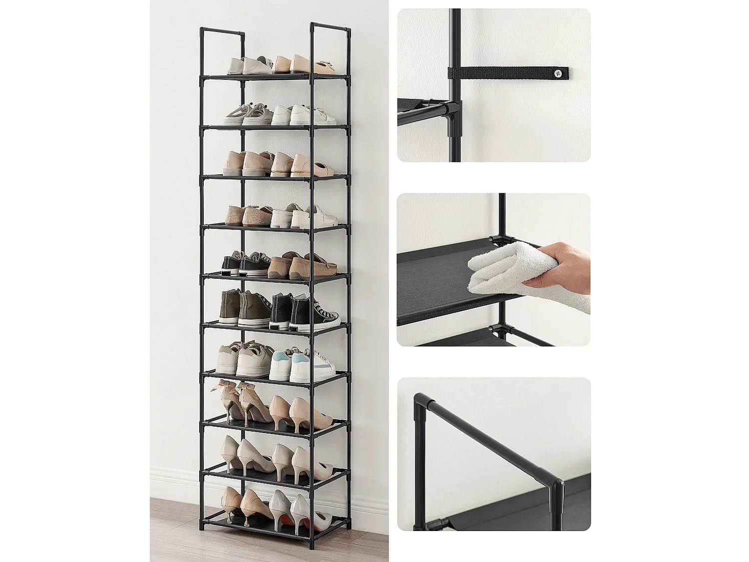 Étagère à chaussures Valora noire de style loft à 10 niveaux