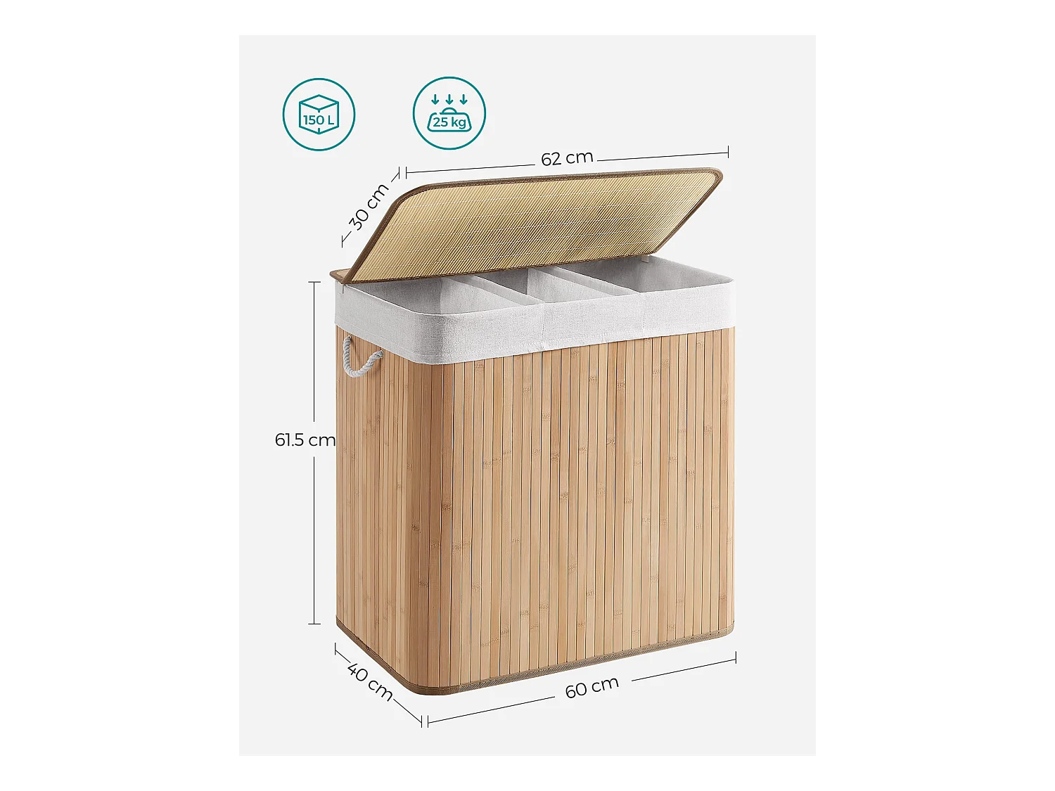 Panier à linge Valora en bambou naturel 3 compartiments 150 L avec couvercle