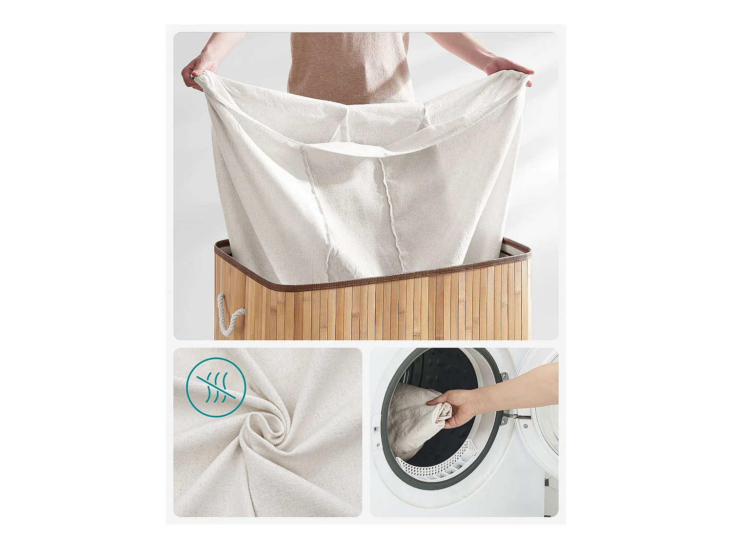Panier à linge Valora en bambou naturel 3 compartiments 150 L avec couvercle