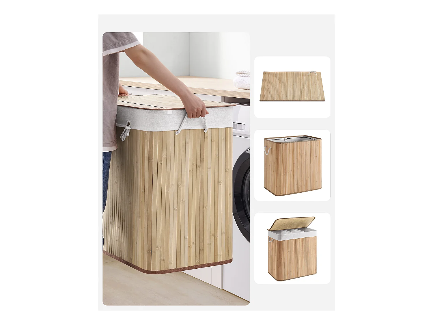 Panier à linge Valora en bambou naturel 3 compartiments 150 L avec couvercle